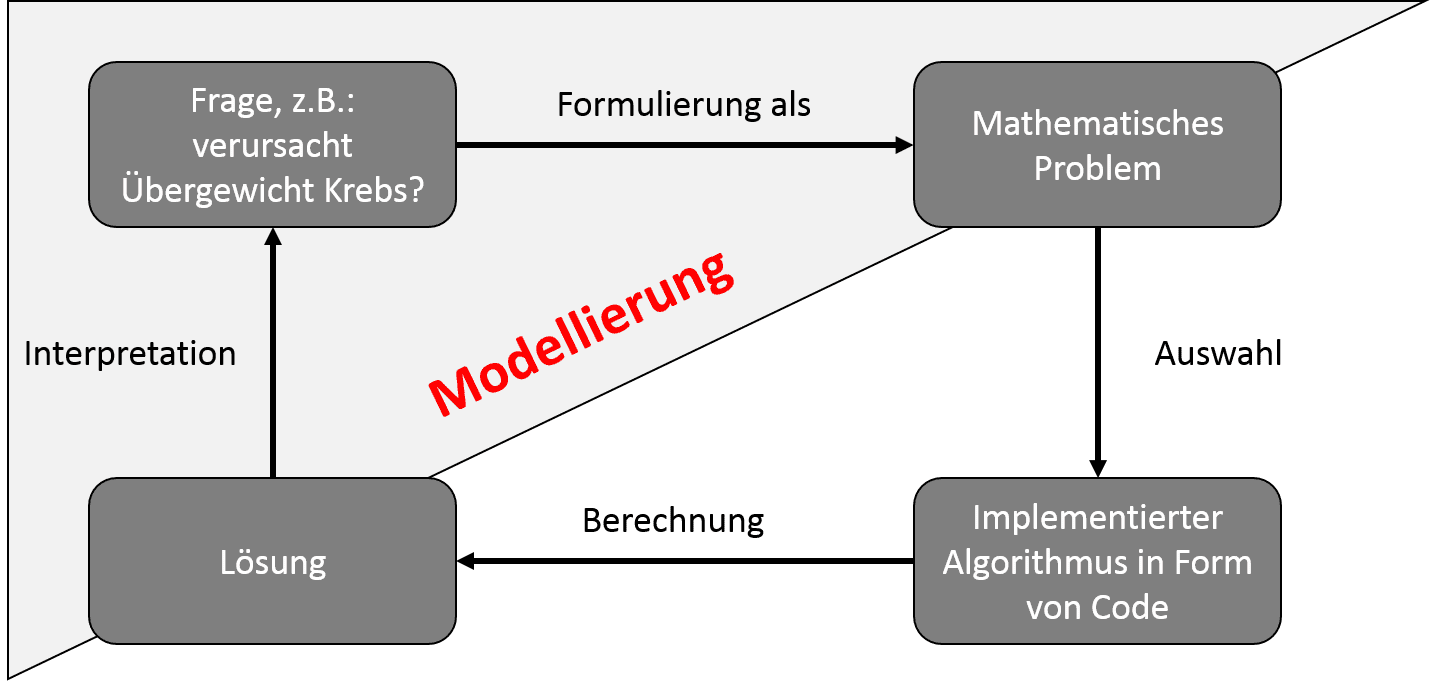 Abbildung 2: Fragen, die algorithmisch gelöst werden sollen, müssen zuerst als mathematisches Problem formuliert werden. Dann wird eine Implementierung des Algorithmus gewählt, die Lösung bezüglich spezifischer Eingaben berechnet und diese Lösung dann in Hinsicht auf die grundlegende Frage interpretiert.